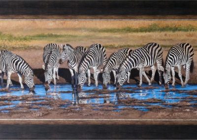 Zebra painting by Ilse De Villiers Where zebras & reflected sky meet