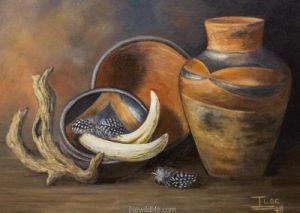 Venda pots, tusks & feathers (framed 42 x 53cm)