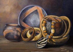 Venda pots & zebra pendant (framed 42 x 53cm)